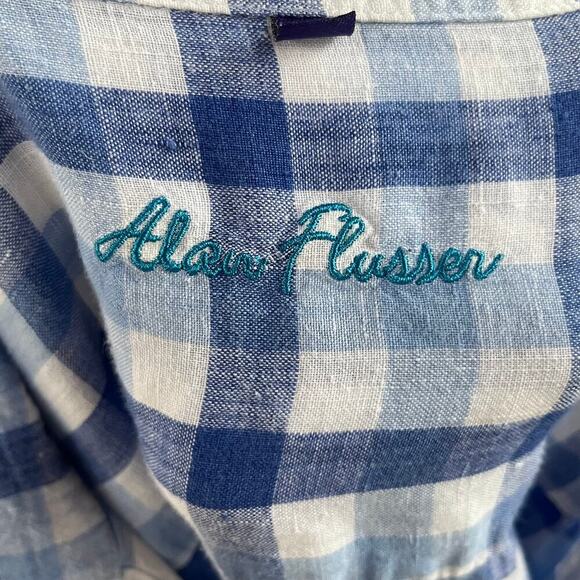 Alan Flusser Men's Blue And White Gingham Button Down Shirt 100% Linen Size XL - Picture 5 of 7